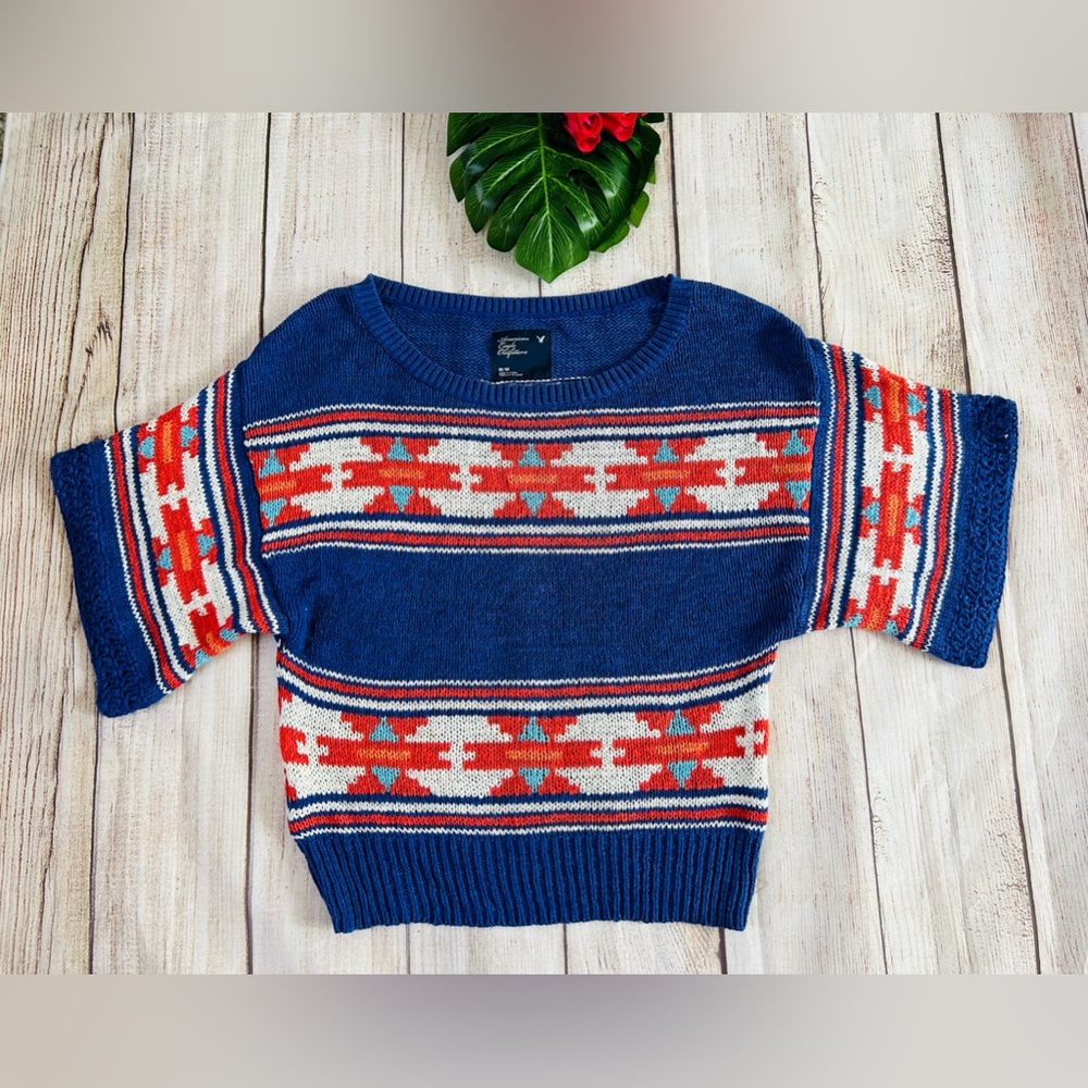 American Eagle Women’s Colorful Aztec Short Sleeve Chunky Oversized Sweater